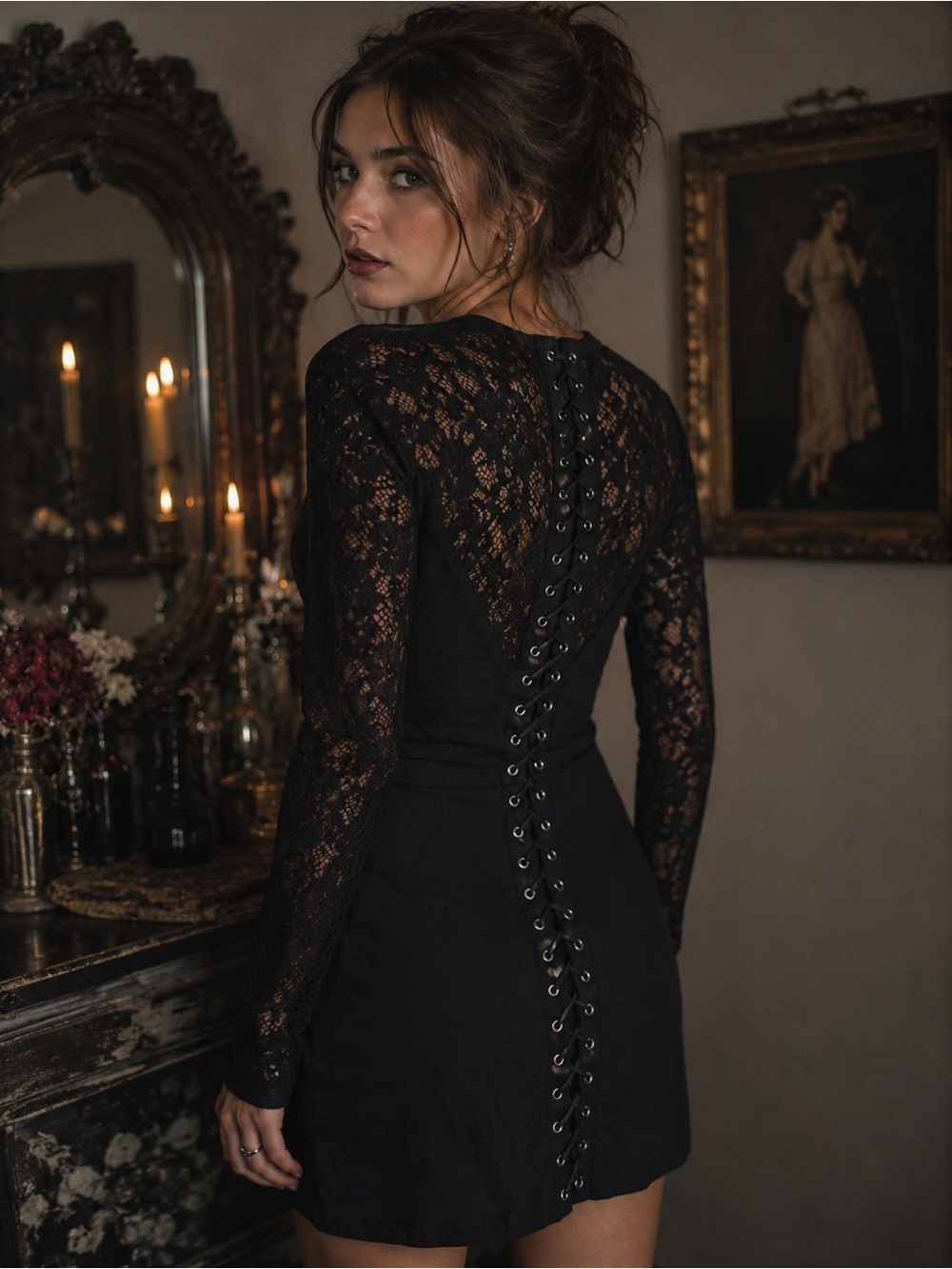 GUESS Black Lace Bodycon Dress Corset Lace Up Back Dress Victorian Goth Witch XS